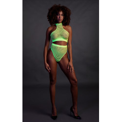 Ouch! Glow Ensemble Bustier et Culotte Filet Vert Fluo